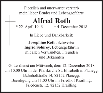 Todesanzeige von Alfred Roth von merkurtz
