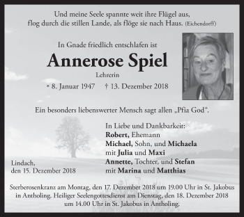 Todesanzeige von Annerose Spiel von merkurtz