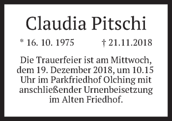 Todesanzeige von Claudia Pitschi von merkurtz