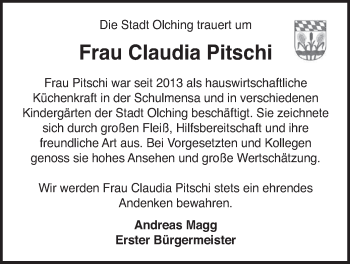 Todesanzeige von Claudia Pitschi von merkurtz