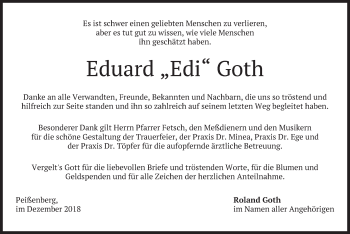 Todesanzeige von Eduard Edi Goth von merkurtz