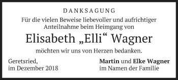 Todesanzeige von Elisabeth Elli Wagner von merkurtz