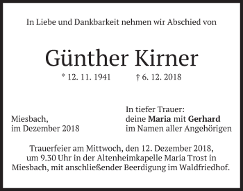 Todesanzeige von Günther Kirner von merkurtz