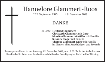 Todesanzeige von Hannelore Glammert-Roos von merkurtz