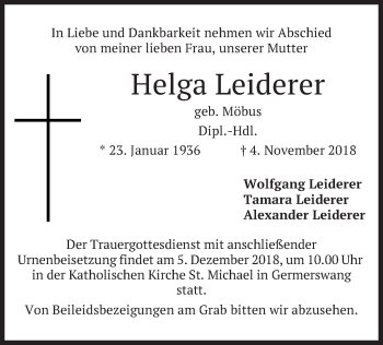 Todesanzeige von Helga Leiderer von merkurtz