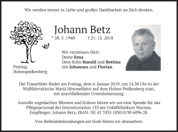 Todesanzeige von Johann Betz von merkurtz