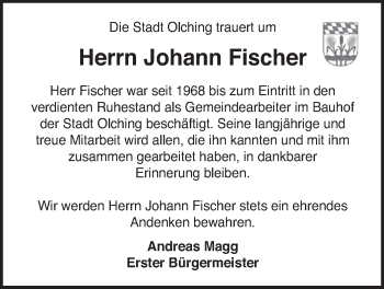 Todesanzeige von Johann Fischer von merkurtz