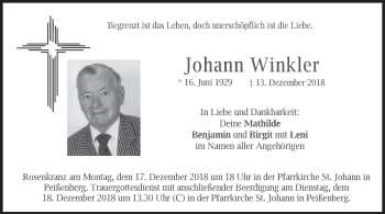 Todesanzeige von Johann Winkler von merkurtz