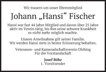Todesanzeige von Johann Hansi Fischer von merkurtz