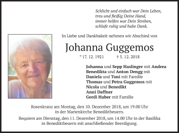 Todesanzeige von Johanna Guggemos von merkurtz