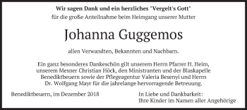 Todesanzeige von Johanna Guggemos von merkurtz