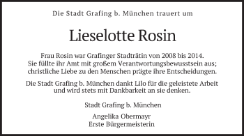 Todesanzeige von Lieselotte Rosin von merkurtz