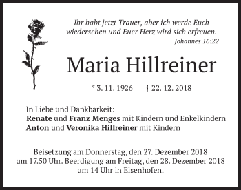 Todesanzeige von Maria Hillreiner von merkurtz