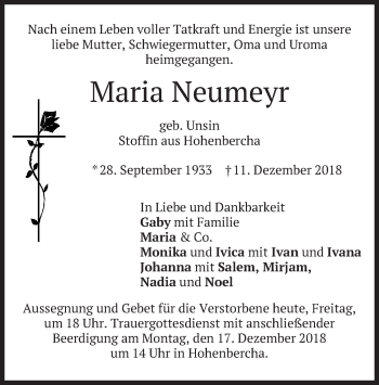 Todesanzeige von Maria Neumeyr von merkurtz