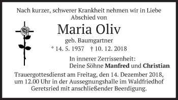 Todesanzeige von Maria Oliv von merkurtz