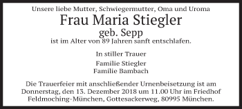 Todesanzeige von Maria Stiegler von merkurtz
