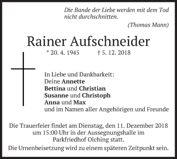 Todesanzeige von Rainer Aufschneider von merkurtz