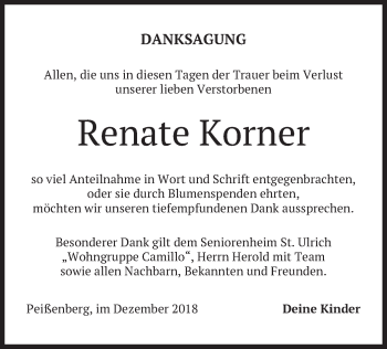 Todesanzeige von Renate Korner von merkurtz