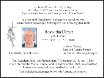 Todesanzeige von Roswitha Ulmer von merkurtz