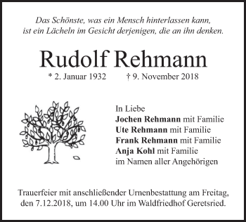 Todesanzeige von Rudolf Rehmann von merkurtz