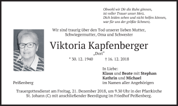 Todesanzeige von Viktoria Kapfenberger von merkurtz