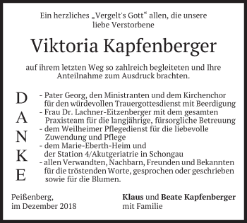 Todesanzeige von Viktoria Kapfenberger von merkurtz