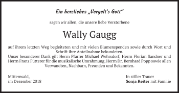 Todesanzeige von Wally Gaugg von merkurtz
