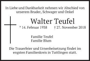 Todesanzeige von Walter Teufel von merkurtz
