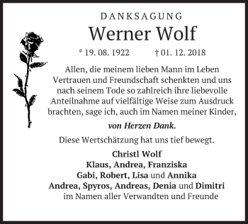 Todesanzeige von Werner Wolf von merkurtz
