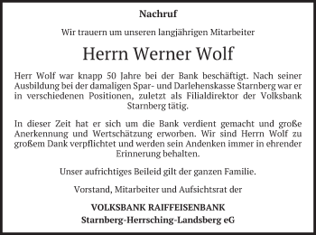 Todesanzeige von Werner Wolf von merkurtz
