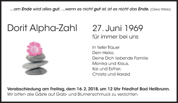Todesanzeige von Dorit Alpha-Zahl von merkurtz