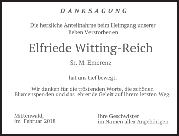 Todesanzeige von Elfriede Witting-Reich von merkurtz