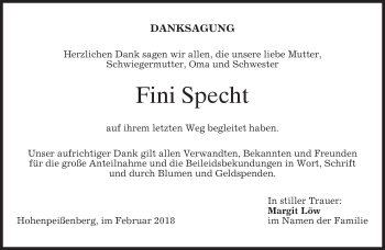 Todesanzeige von Fini Specht von merkurtz