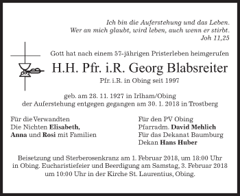 Todesanzeige von Georg Blabsreiter von merkurtz
