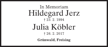 Todesanzeige von Hildegard und Julia Jerz und Köbler von merkurtz