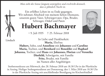 Todesanzeige von Hubert Bachmayer von merkurtz