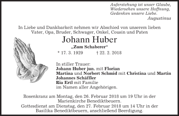 Todesanzeige von Johann Huber von merkurtz