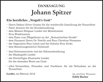 Todesanzeige von Johann Spitzer von merkurtz
