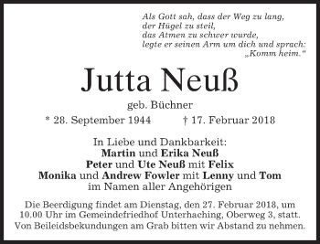 Todesanzeige von Jutta Neuß von merkurtz