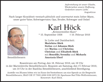 Todesanzeige von Karl Höck von merkurtz