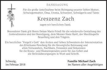 Todesanzeige von Kreszenz Zach von merkurtz