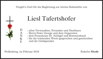 Todesanzeige von Liesl Tafertshofer von merkurtz