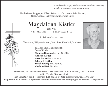 Todesanzeige von Magdalena Kistler von merkurtz