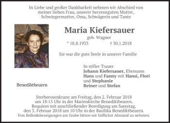Todesanzeige von Maria Kiefersauer von merkurtz