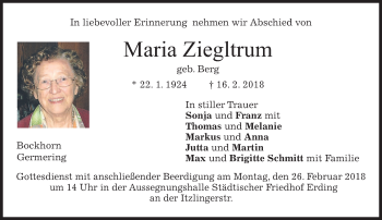 Todesanzeige von Maria Ziegltrum von merkurtz
