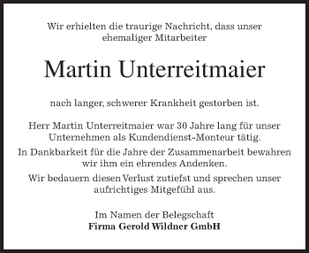 Todesanzeige von Martin Unterreitmaier von merkurtz