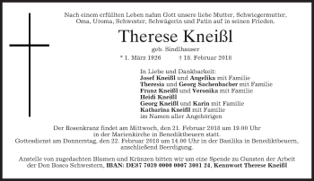 Todesanzeige von Therese Kneißl von merkurtz