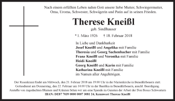 Todesanzeige von Therese Kneißl von Das Gelbe Blatt Penzberg