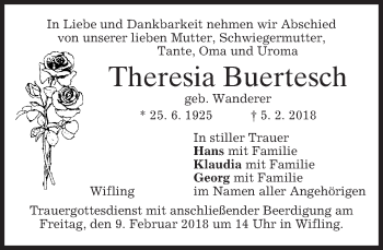 Todesanzeige von Theresia Buertesch von merkurtz