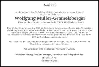 Todesanzeige von Wolfgang Müller-Gramelsberger von merkurtz